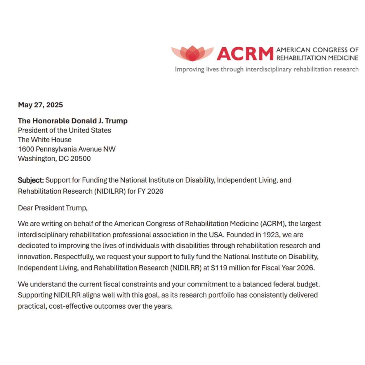 Advocacy letter to President trump